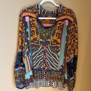 Anthropologie Blue and Orange Graphic Long Sleeve Blouse